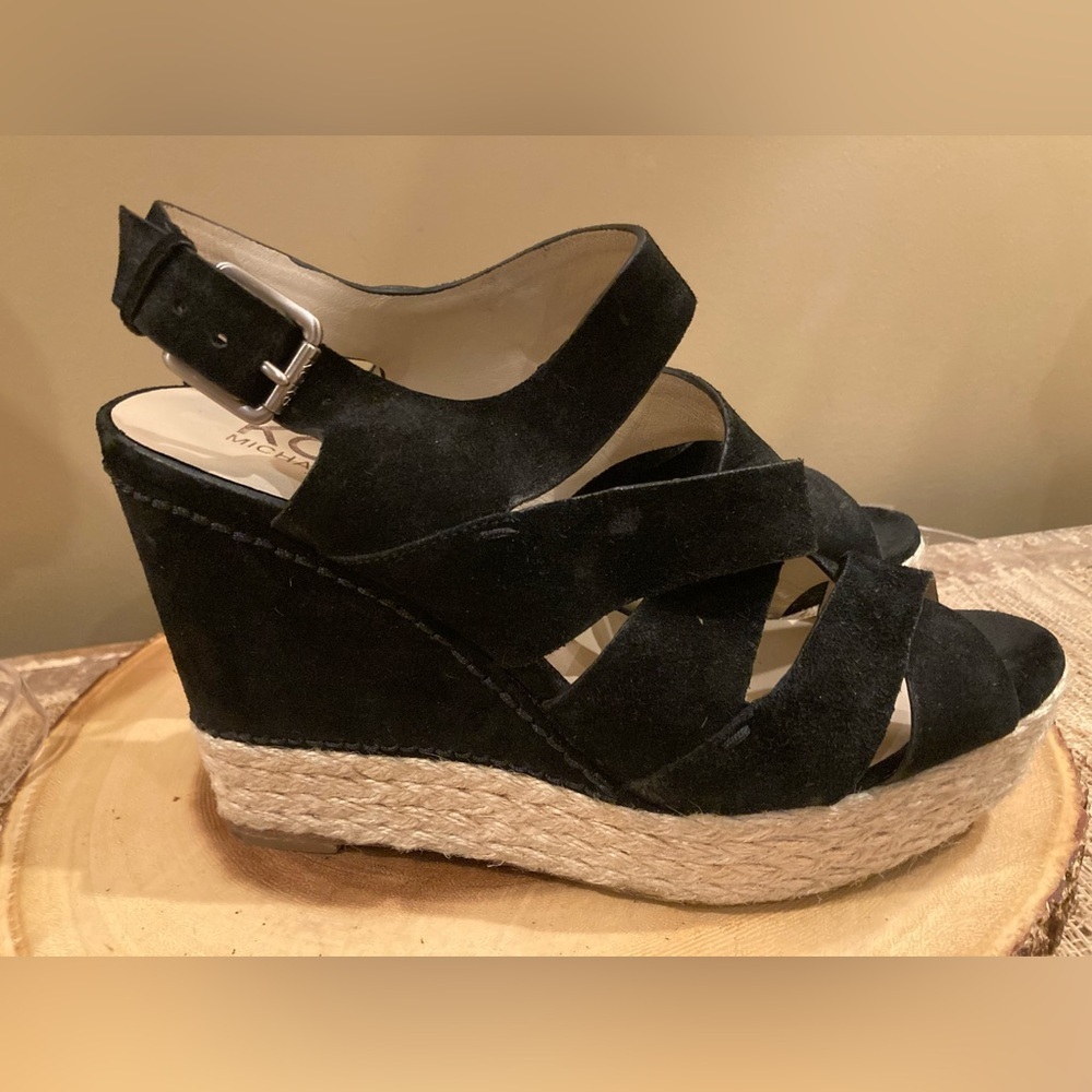KORS MICHAEL KORS CYNTHIA Black Suede Designer Wedge‎ Platform Sandal 10M 265$ - Picture 4 of 7